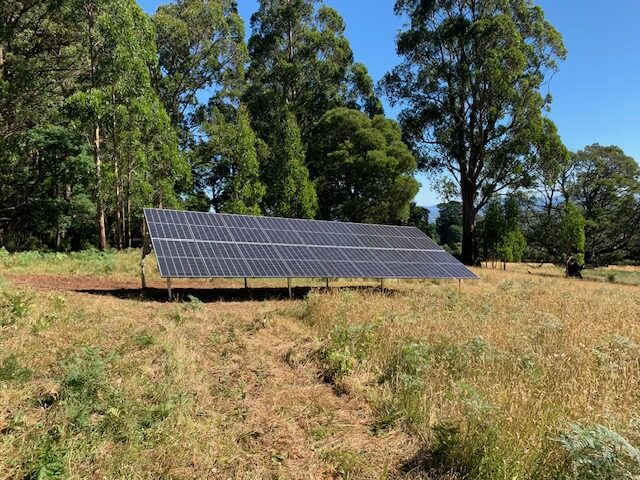 Ground-mounted solar array in a Yarra Valley paddock, backed by gum trees
